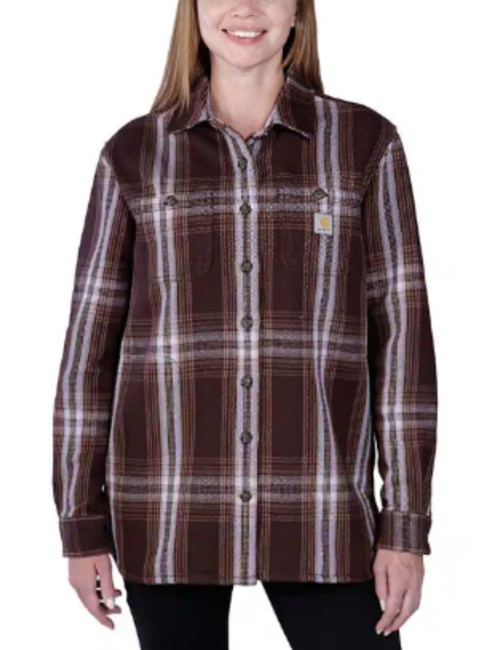 Carhartt Women's Rugged Flex Loose Heavyweight Plaid Button Down Shirt. Medium